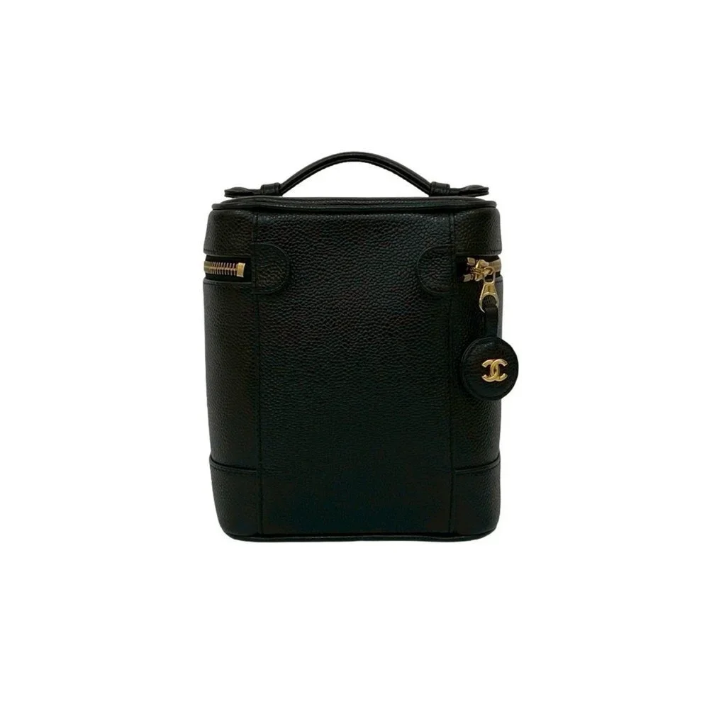 CHANEL Black Caviar Leather Logo Vanity Bag